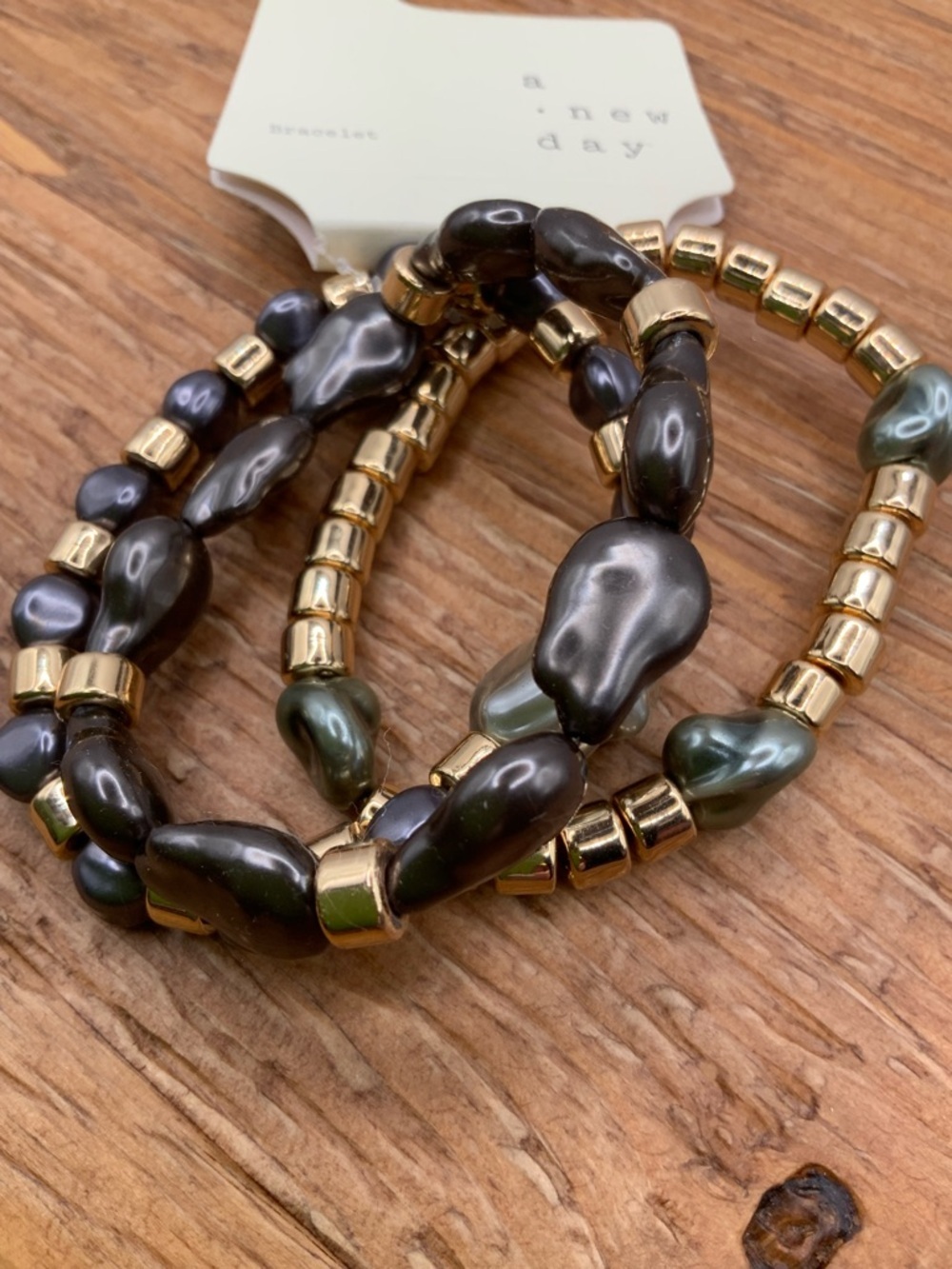 A.New Day 3 Piece Stretch Black Pearl Gold Beaded Stretch Bracelet Set